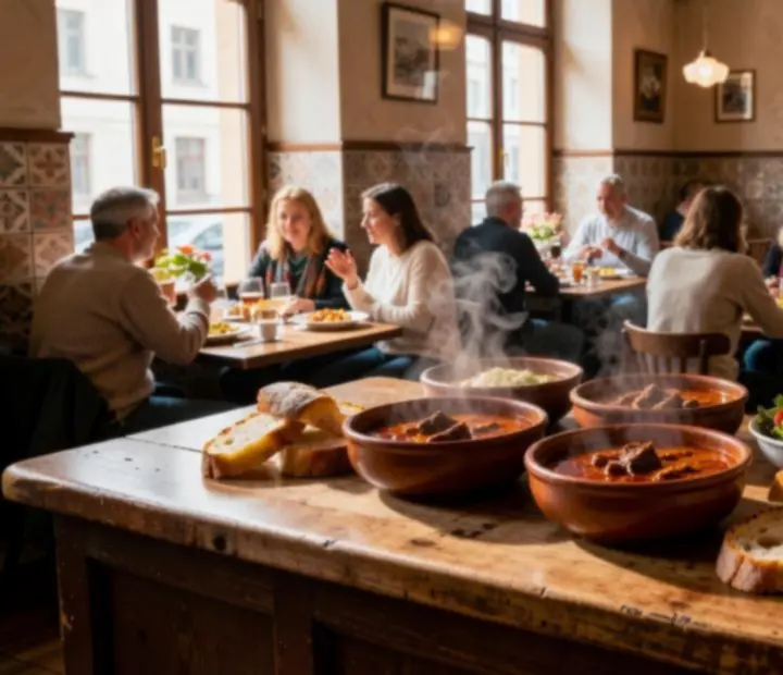 A warm countertop at Kozosseghub365 with plated bistro dishes, candles, and the buzz of a neighborhood evening.