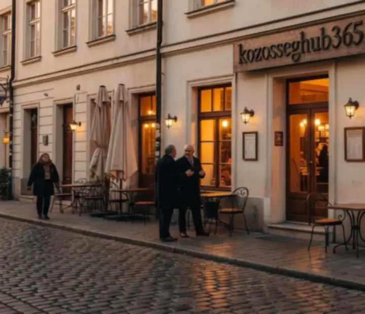 Kozosseghub365 bistro exterior glowing warmly on an evening street.