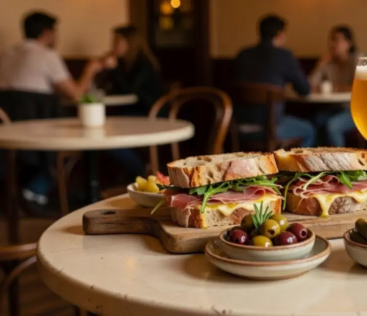 Signature artisanal bistro plates and craft beer poured at a wooden bar.