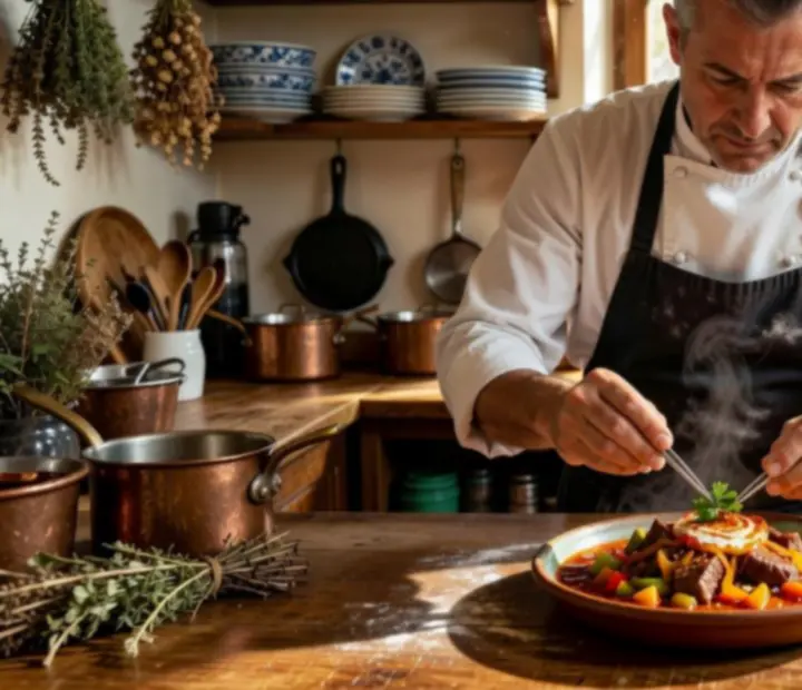 Chef at kozosseghub365 carefully preparing a plated bistro dish.