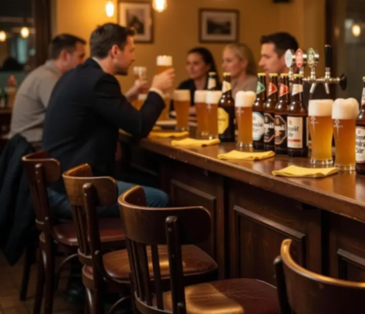 Craft beer taps and glasses along the wood-paneled bar.