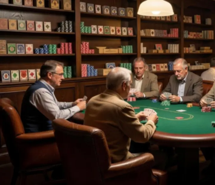 Offline poker lounge interior with felted tables and players chatting around real poker chips.