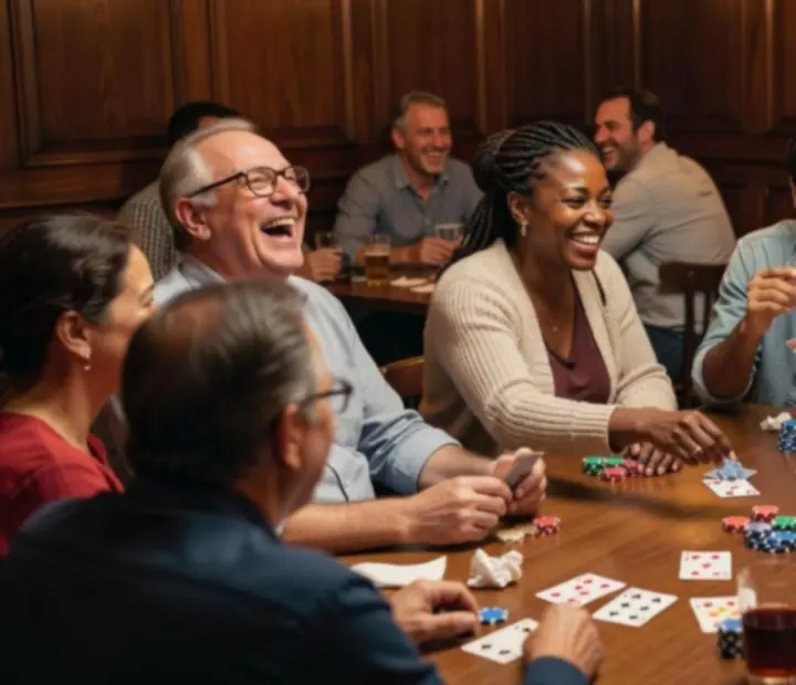 Group of regular poker players smiling around a tournament table in a cozy neighborhood lounge.