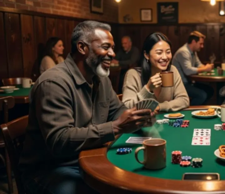 Guests playing a real poker game at wooden tables inside the Kozosseghub365 bistro lounge