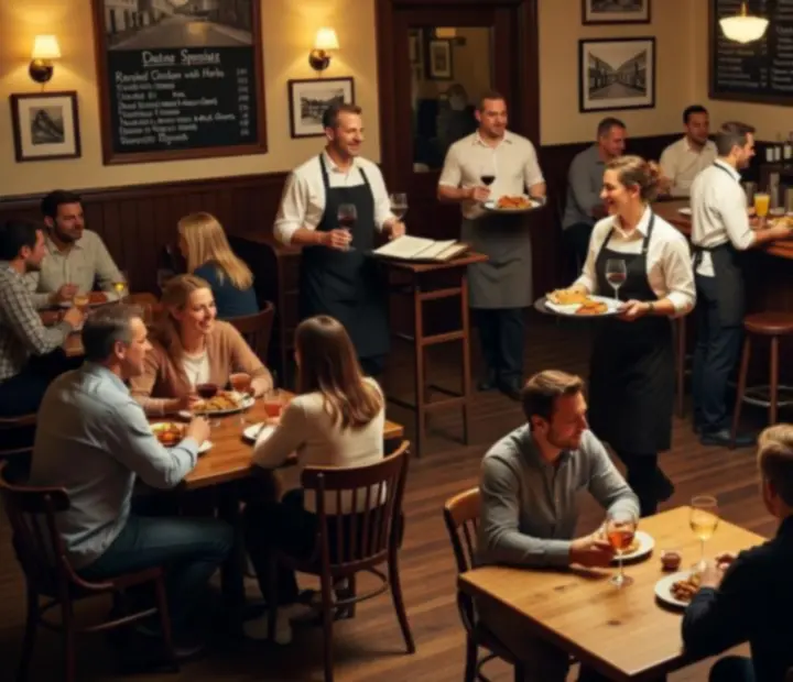 Guests sharing long community tables inside the bistro.