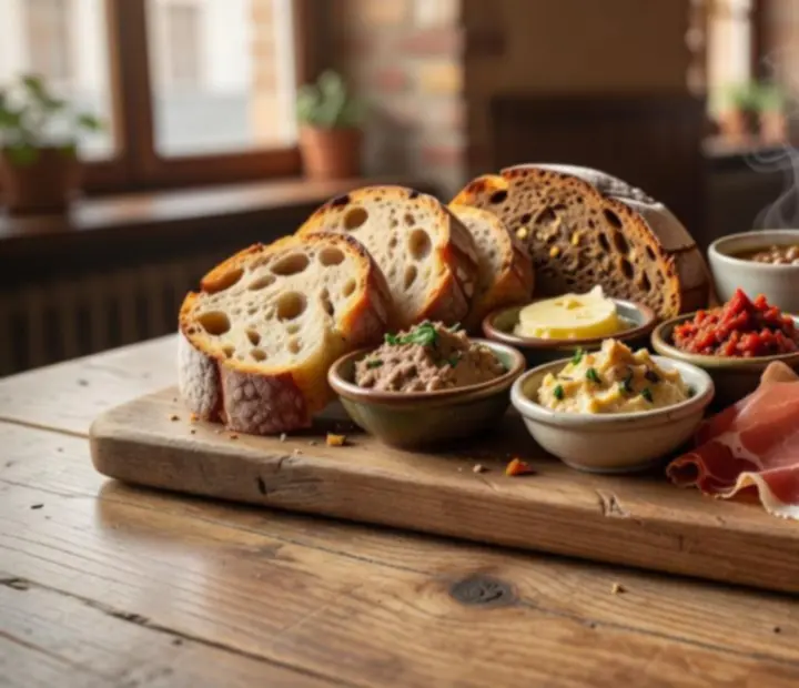 A sharing platter of starters and craft beers on a wooden table.