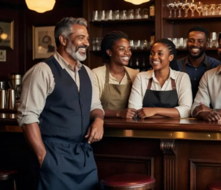 The kozosseghub365 bistro team smiling behind the bar counter.